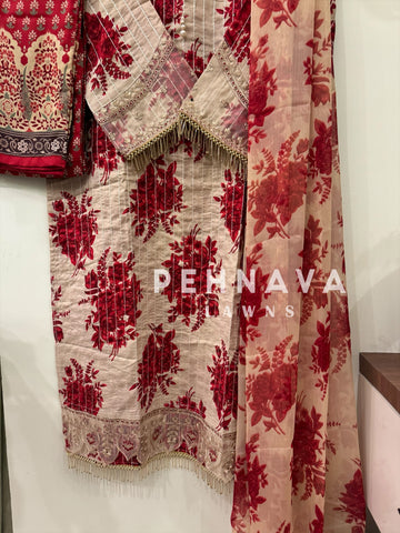 Fully embroidered floral suit with chiffon dupatta-3456