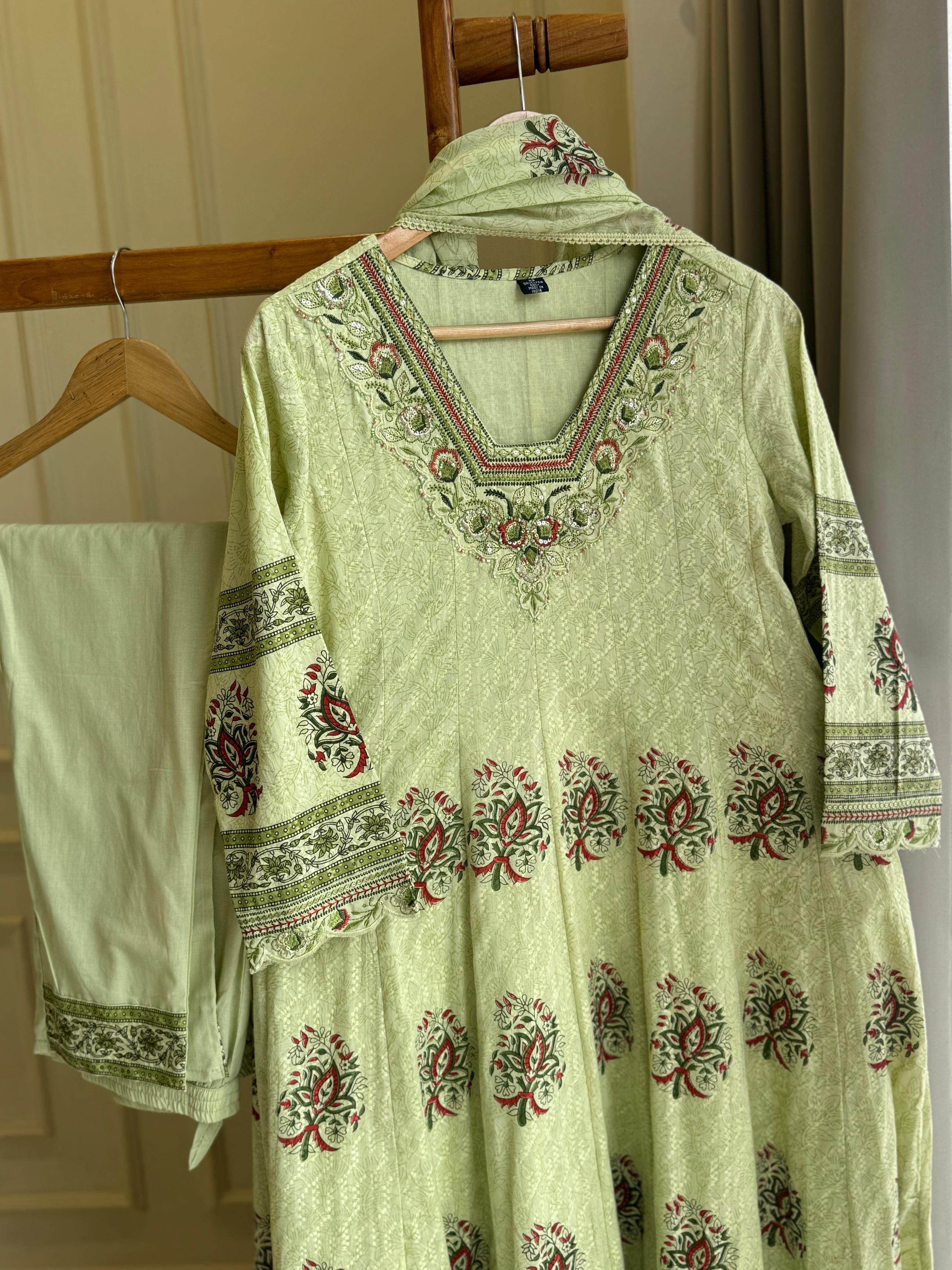 Cotton Floral-Anarkali with lace work and embroidered neck