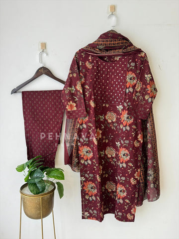 Maroon Floral cotton Suit Set-17209