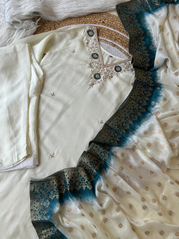 White hand detailed suit with banarsi woven Dupatta-8357