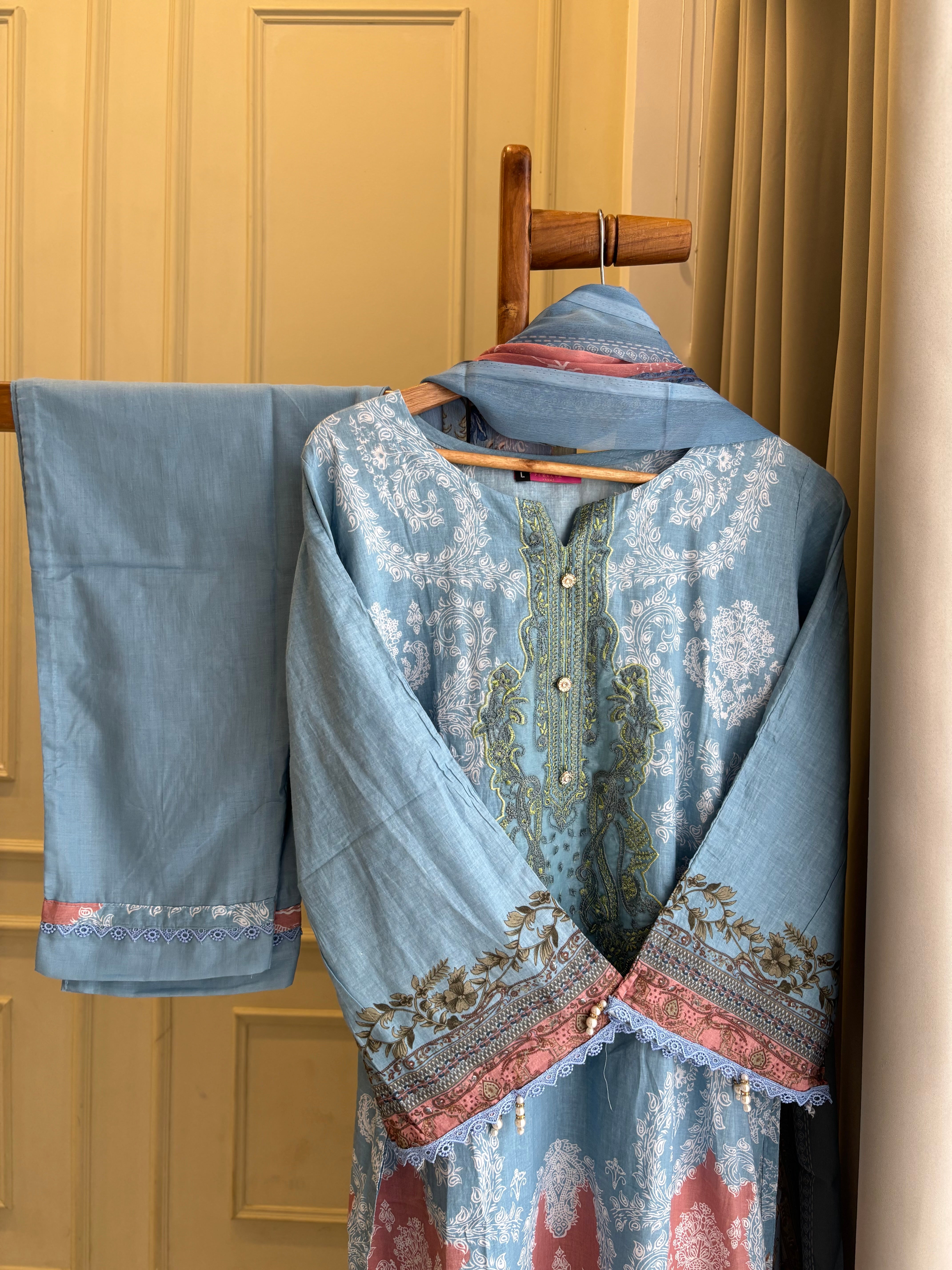 Sky Blue Embellished Floral Suit