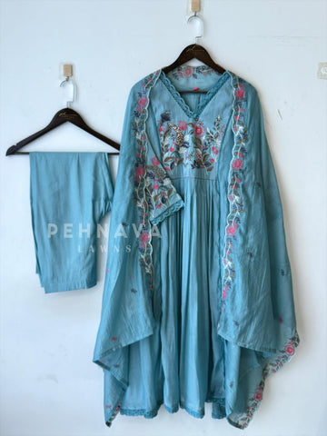 Chanderi Embroidered Lace Suit Set