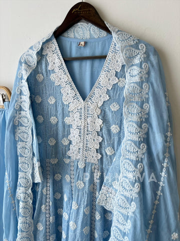 Blue Embroidered Three Piece Suit