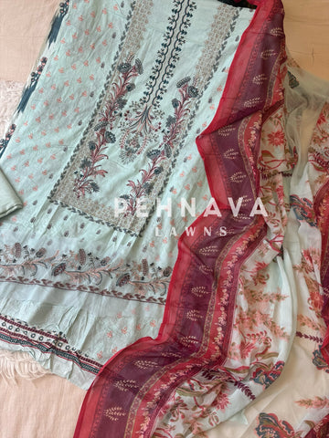 Embroidered cotton suit with chiffon dupatta -blue/pink 3374