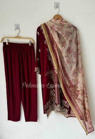 Rayon Embroidered Suit-Maroon 3639A