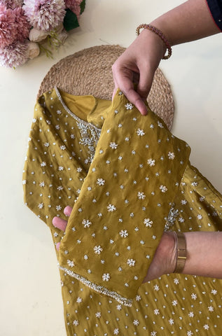 Yellow Pure Chinnon  handworked  Sharara