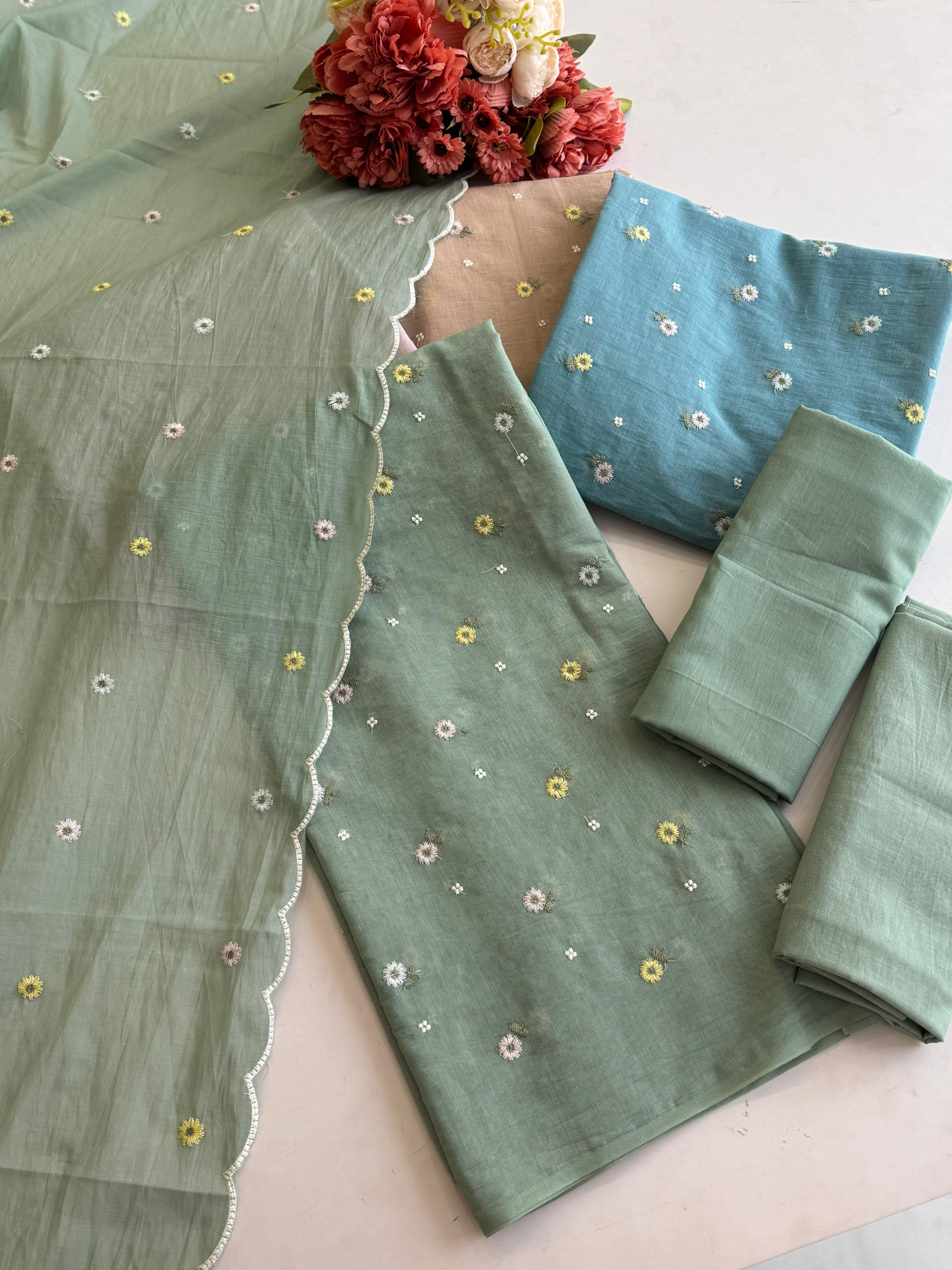 Premium Hand-Embroidered Mulchanderi Unstitched Suit