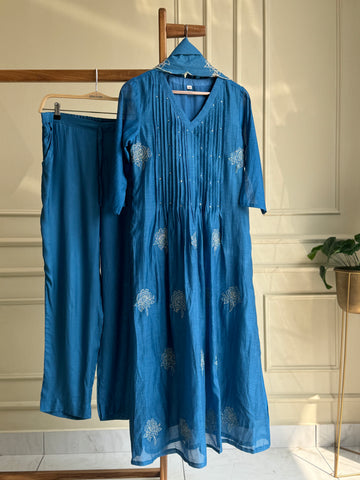 Premium mul silk pleated embroidered suit -color options 4468