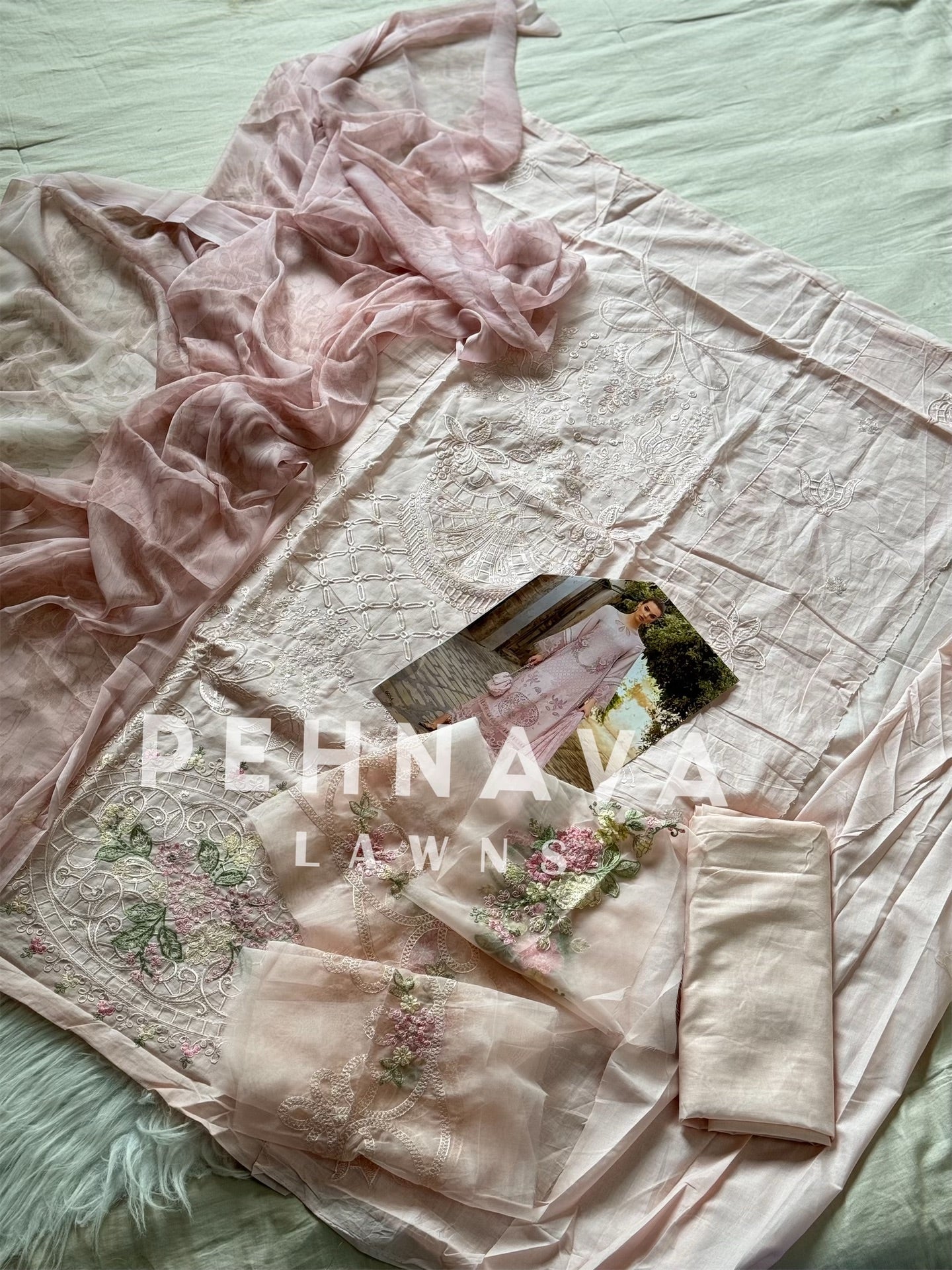 Fully embroidered cotton suit with chiffon dupatta -6054