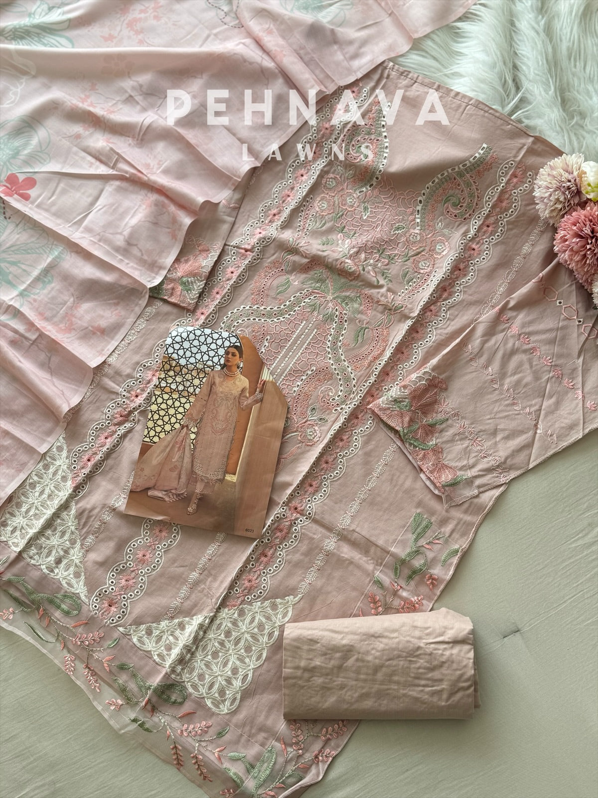Cotton fully embroidered suit with cotton net dupatta-6023