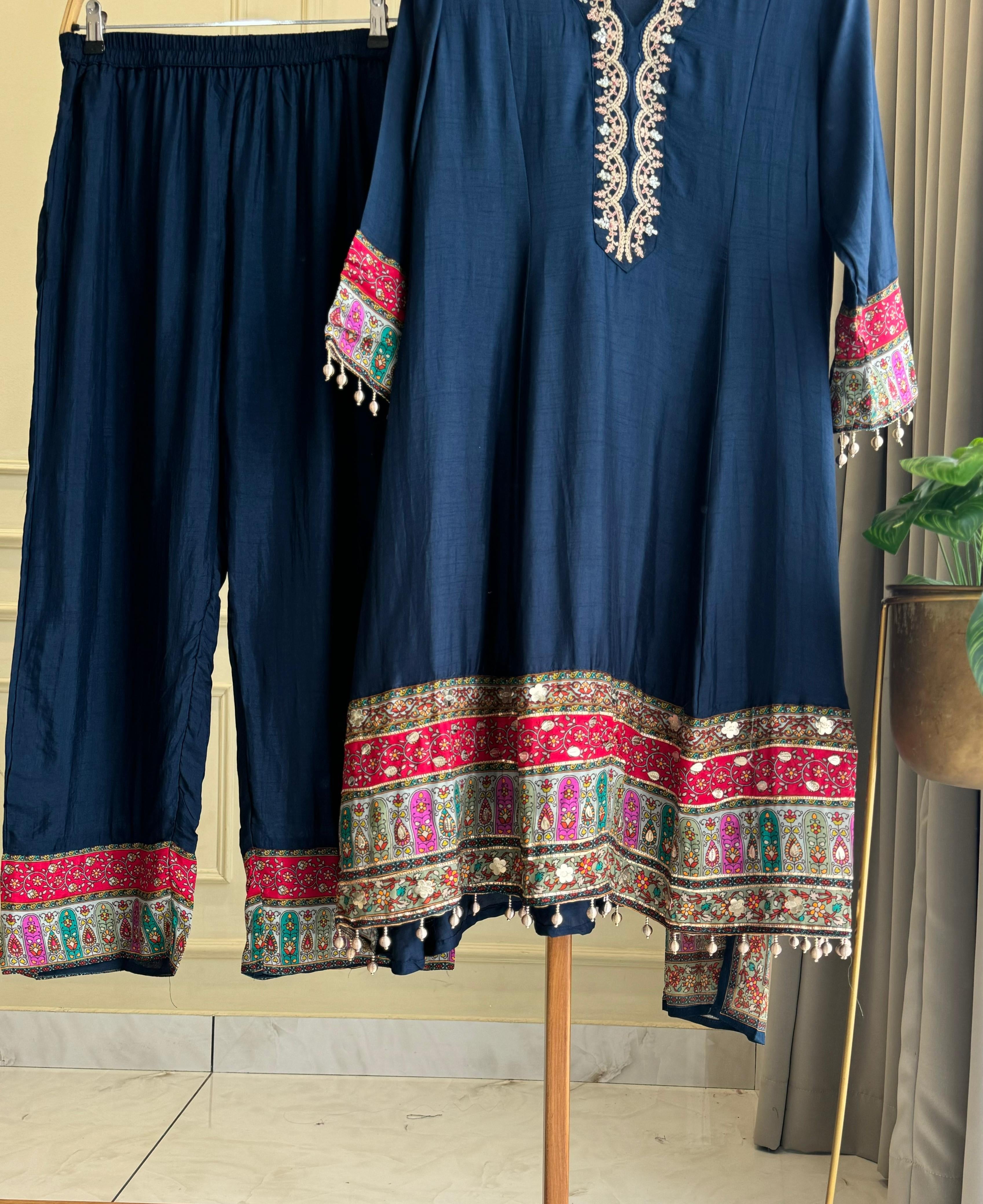Premium Navy Blue Kurti Set with Embroidery