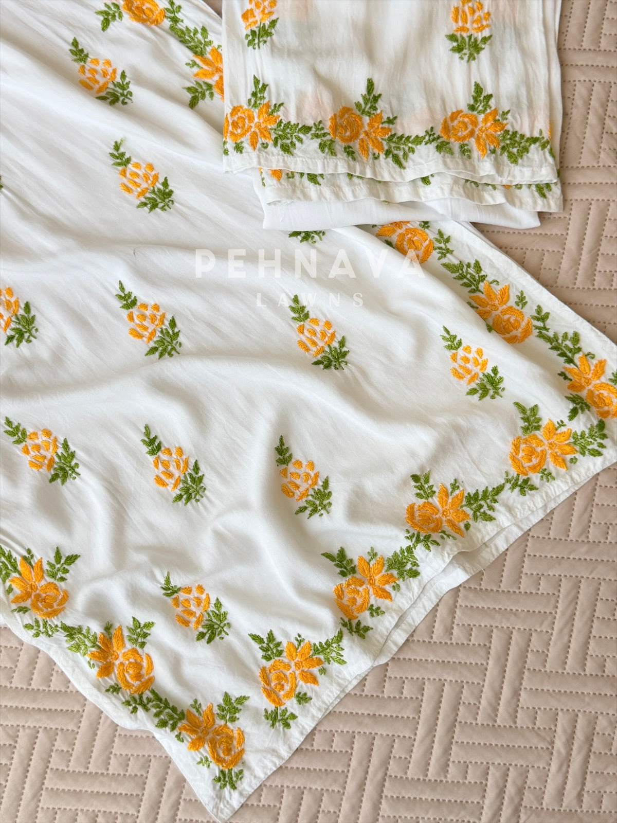 White & Yellow Chikankari Rayon Kurta Set