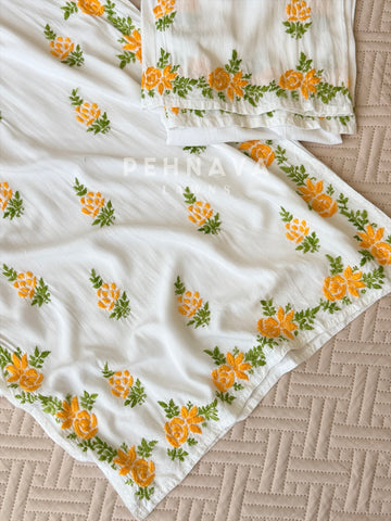 White & Yellow Chikankari Rayon Kurta Set