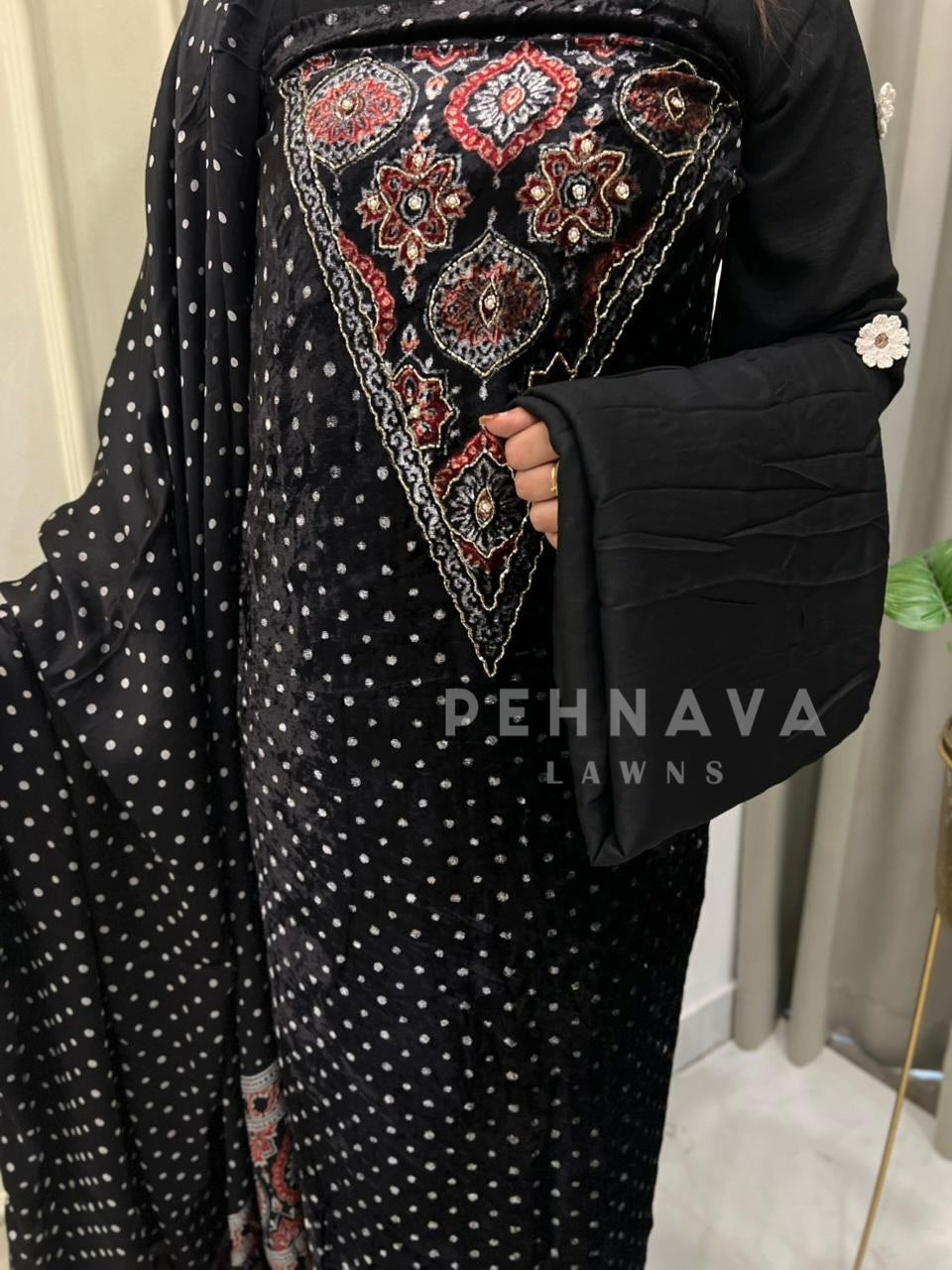 V-Neck Velvet Touch Ajrakh Suit - Pehnava Lawns