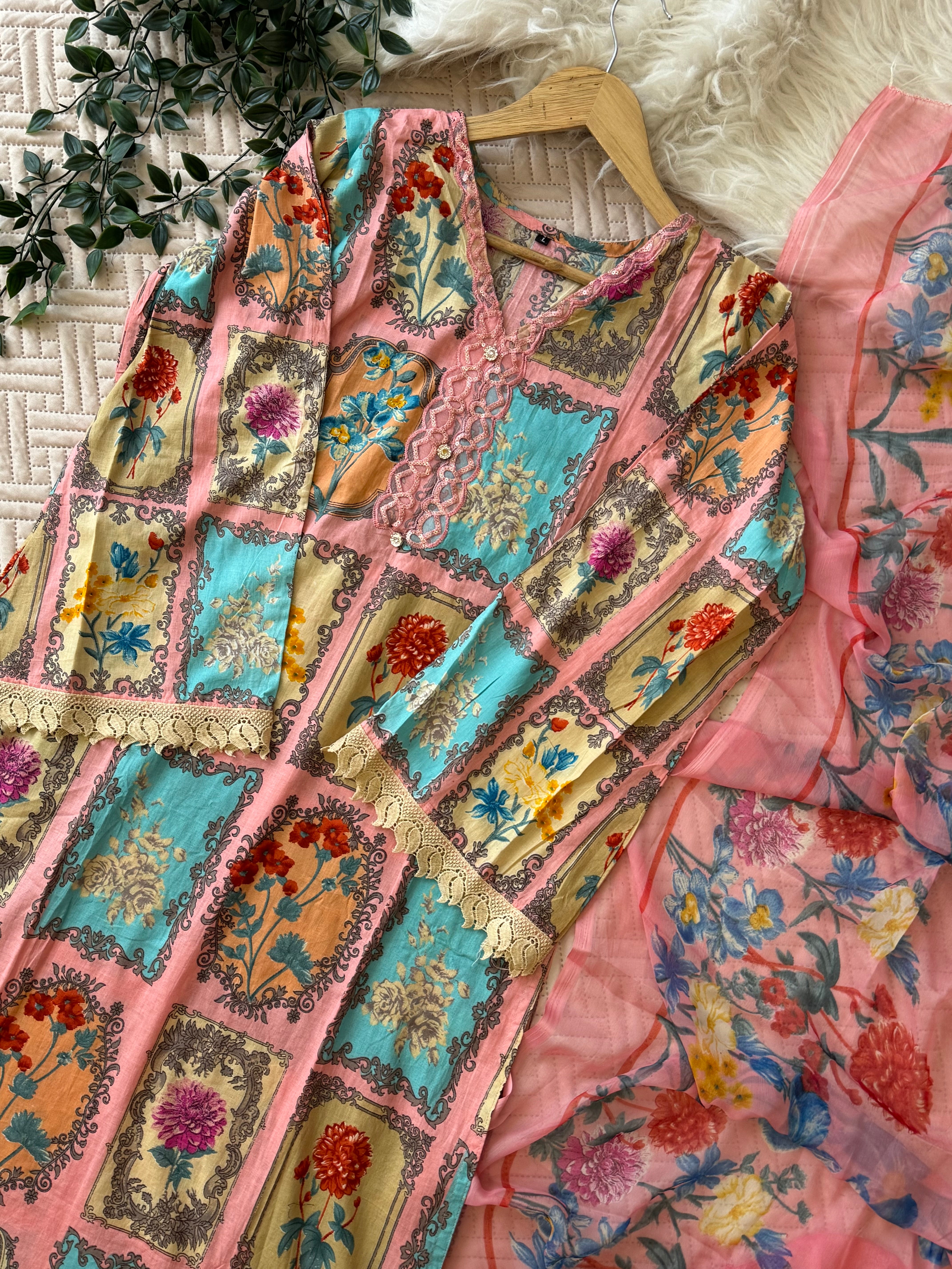 Pink Patch-worked Floral Suit-1285