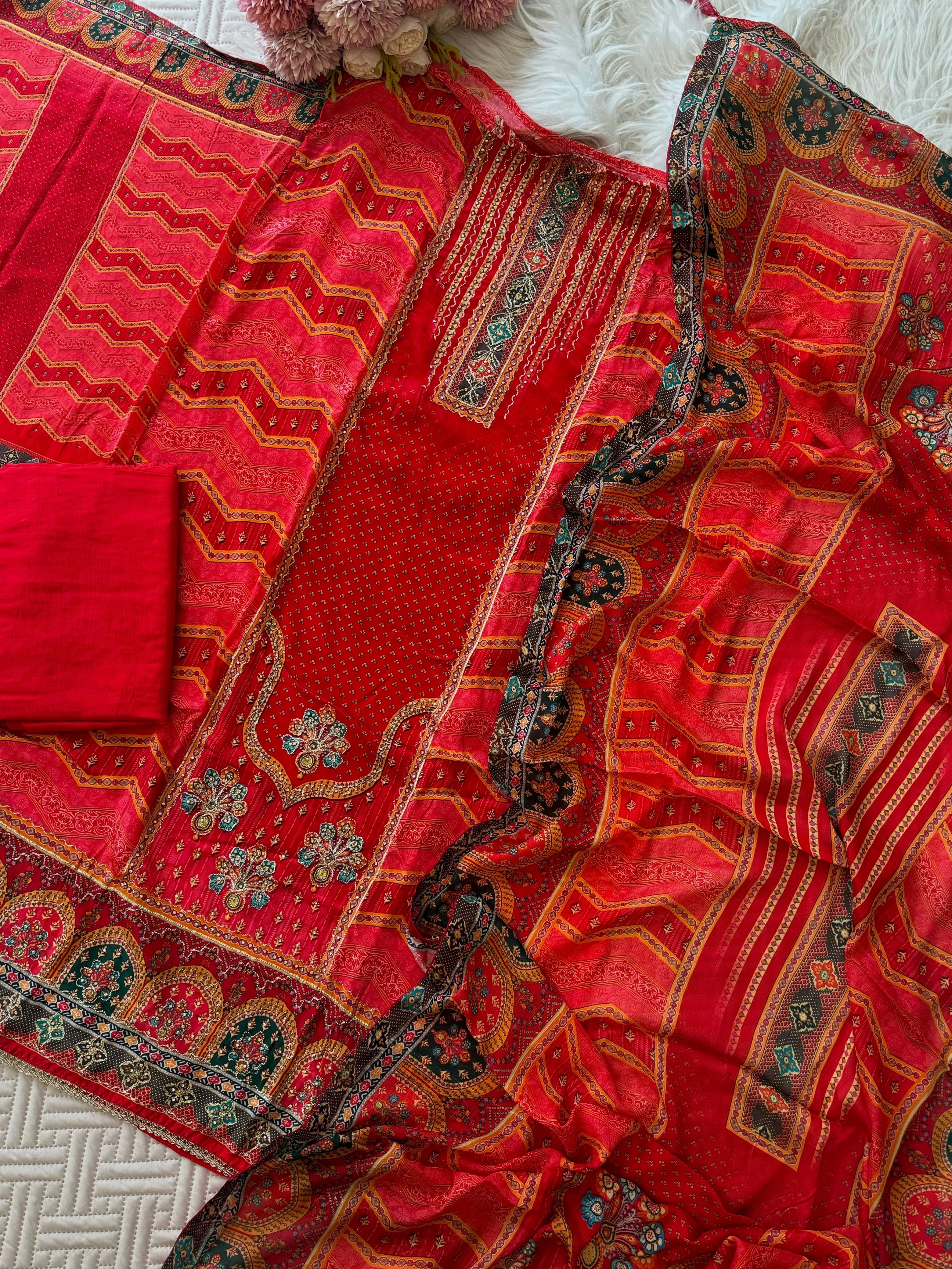 Red Party wear Crepe Suit-2001