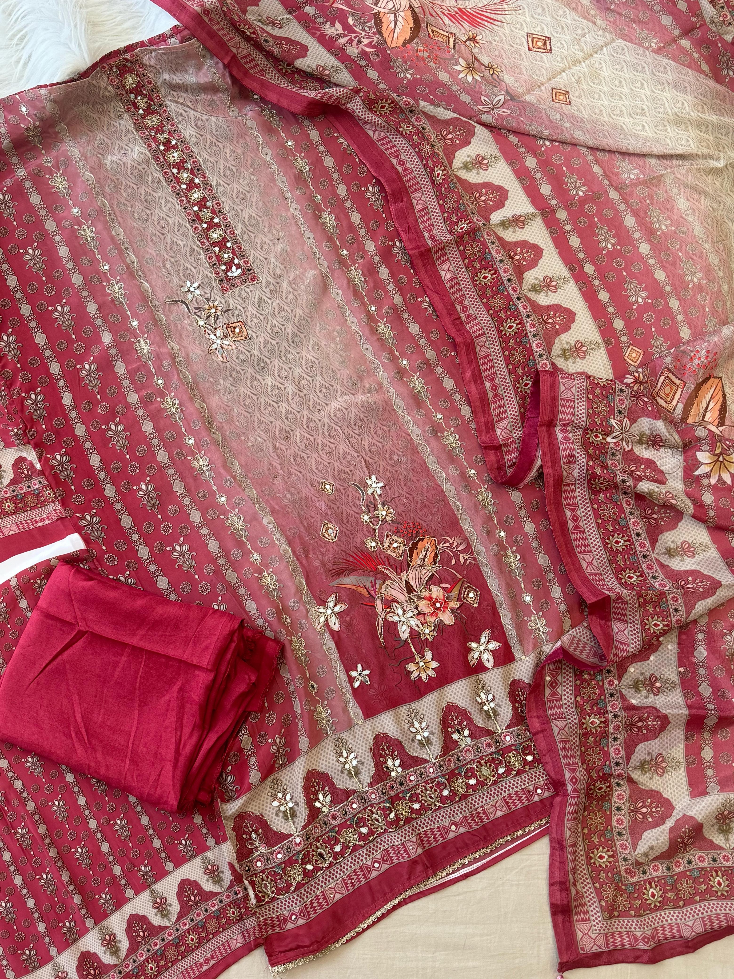 Red & Beige Combo Crepe Suit-1999