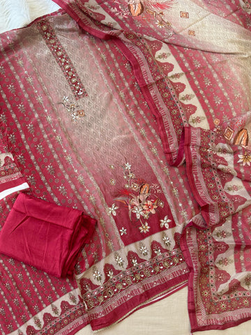 Red & Beige Combo Crepe Suit-1999