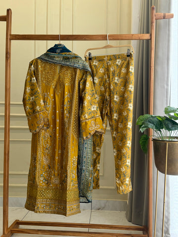 Yellow Floral Print With Embroidery Lawn Suit