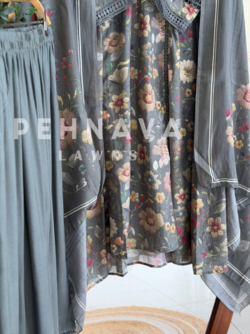 Floral Print Cotton Suit with Lace