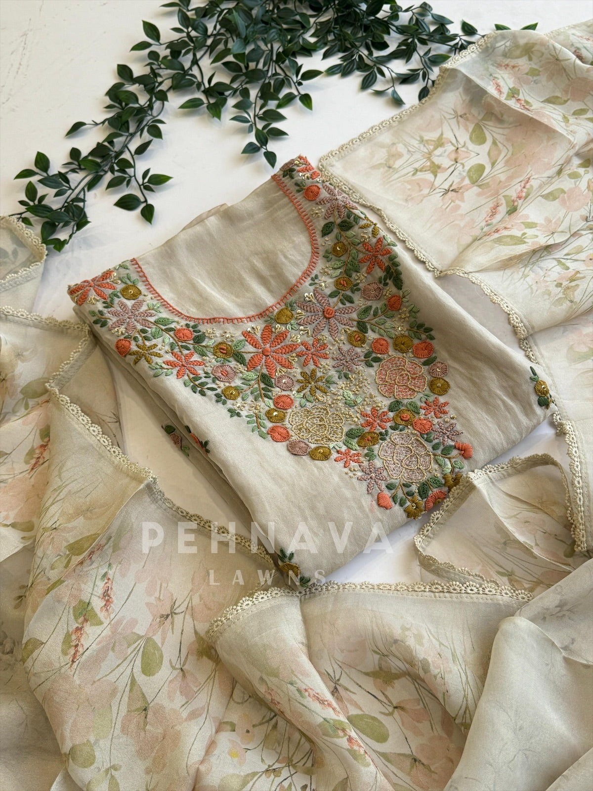 Premium Crushed Tissue Embroidered Unstitched Suit - Pehnava Lawns