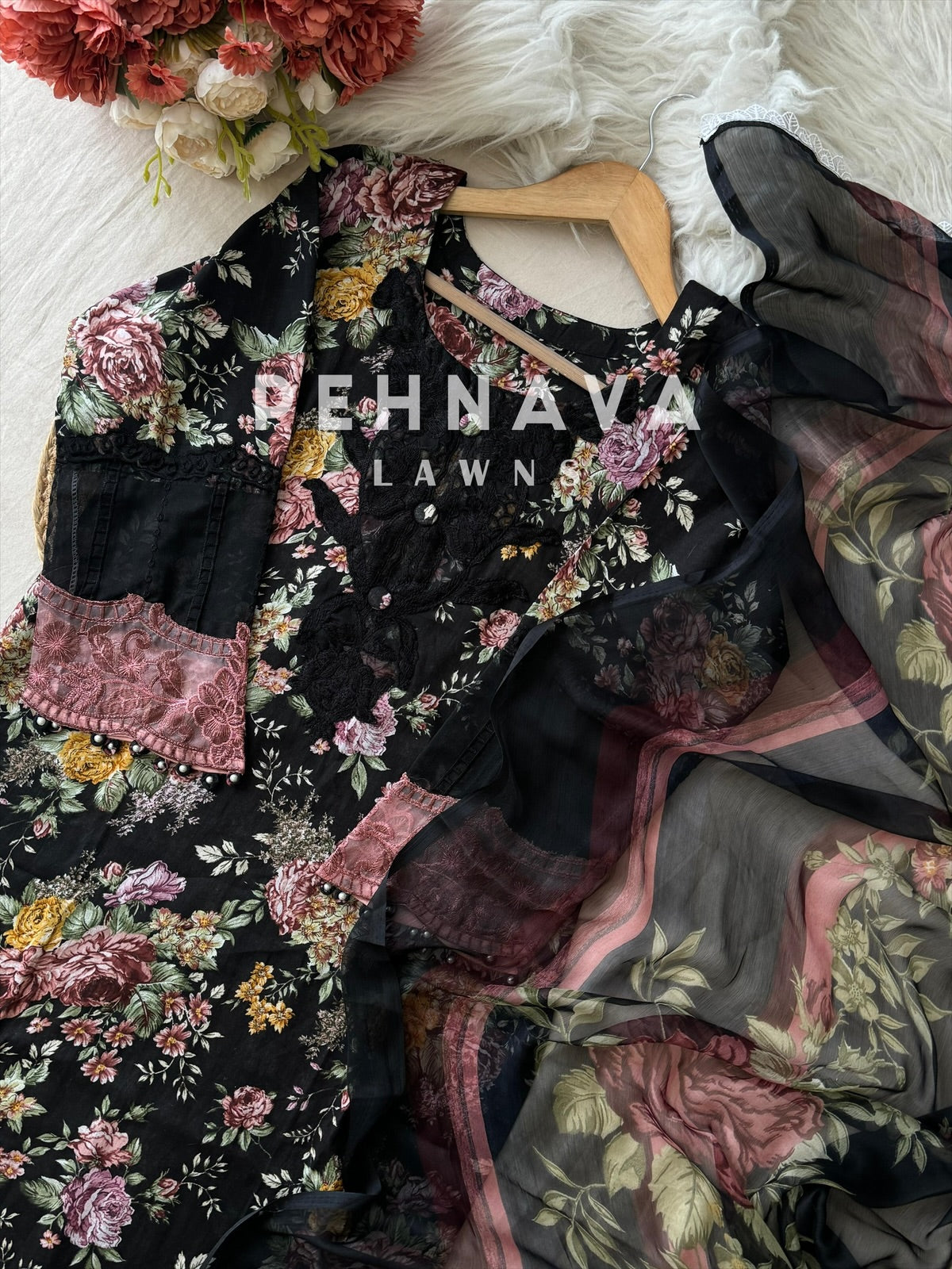 New Floral Ready To Wear Suit-Black - Pehnava Lawns
