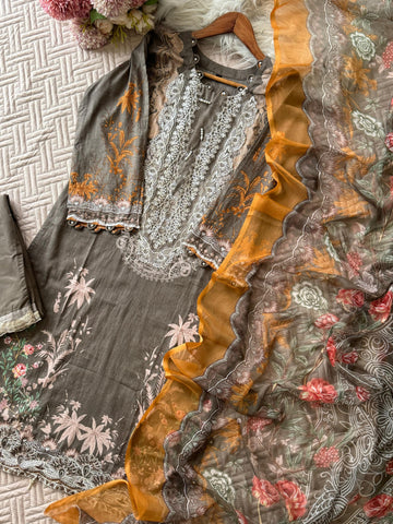 Grey Embroidery Detailed Floral Suit