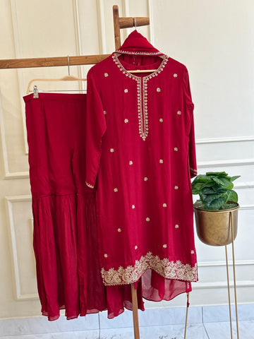 Pure chinnon hand embroidered suit with sharara Bottom