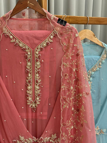 Premium organza  handwork suit with bottom and organza  hand  worked dupatta-1098