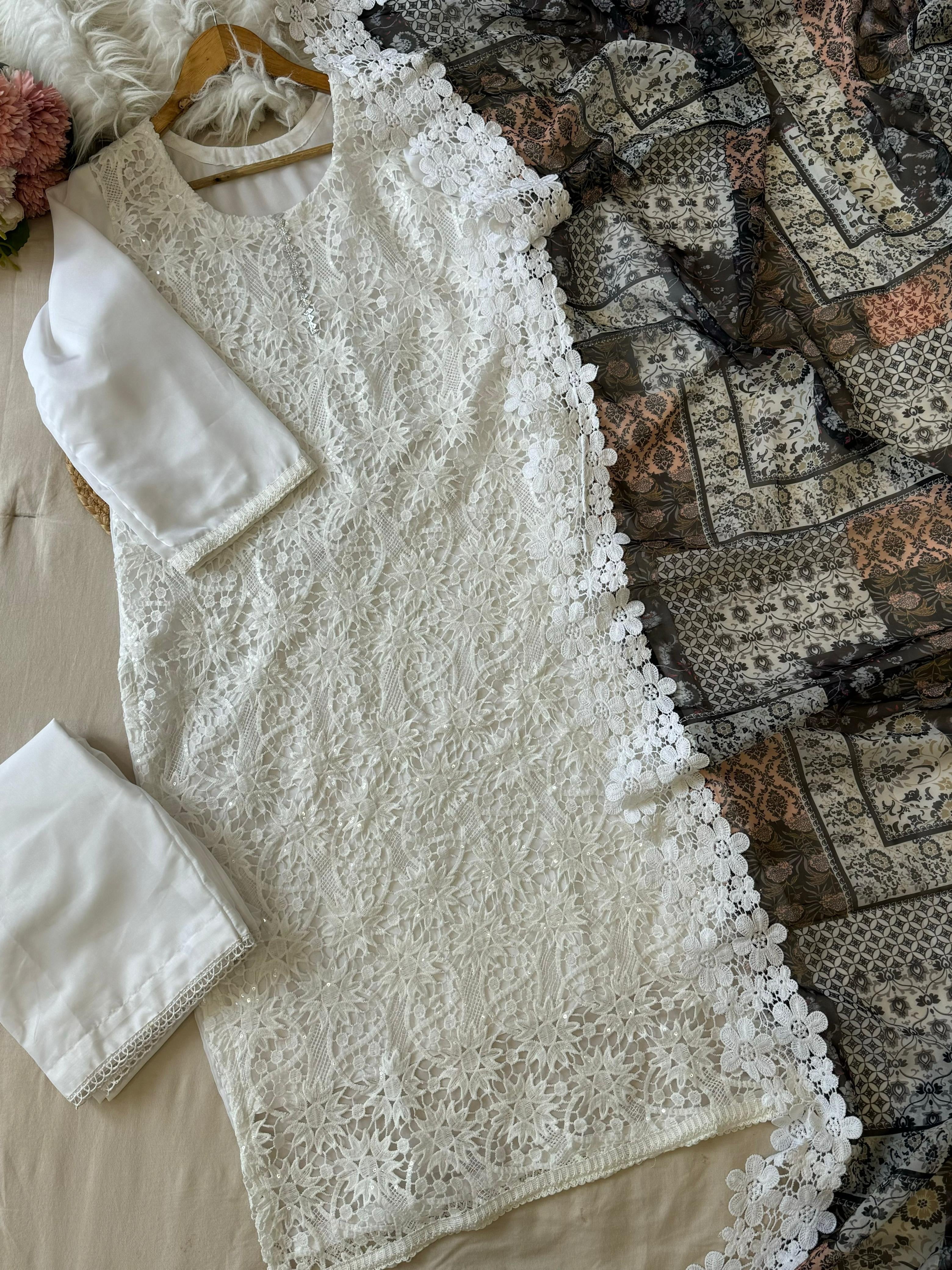 White Lace Salwar With Patchwork Dupatta