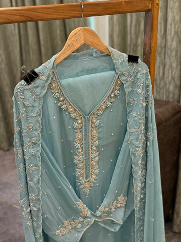 Premium organza  handwork suit with bottom and organza  hand  worked dupatta-1098