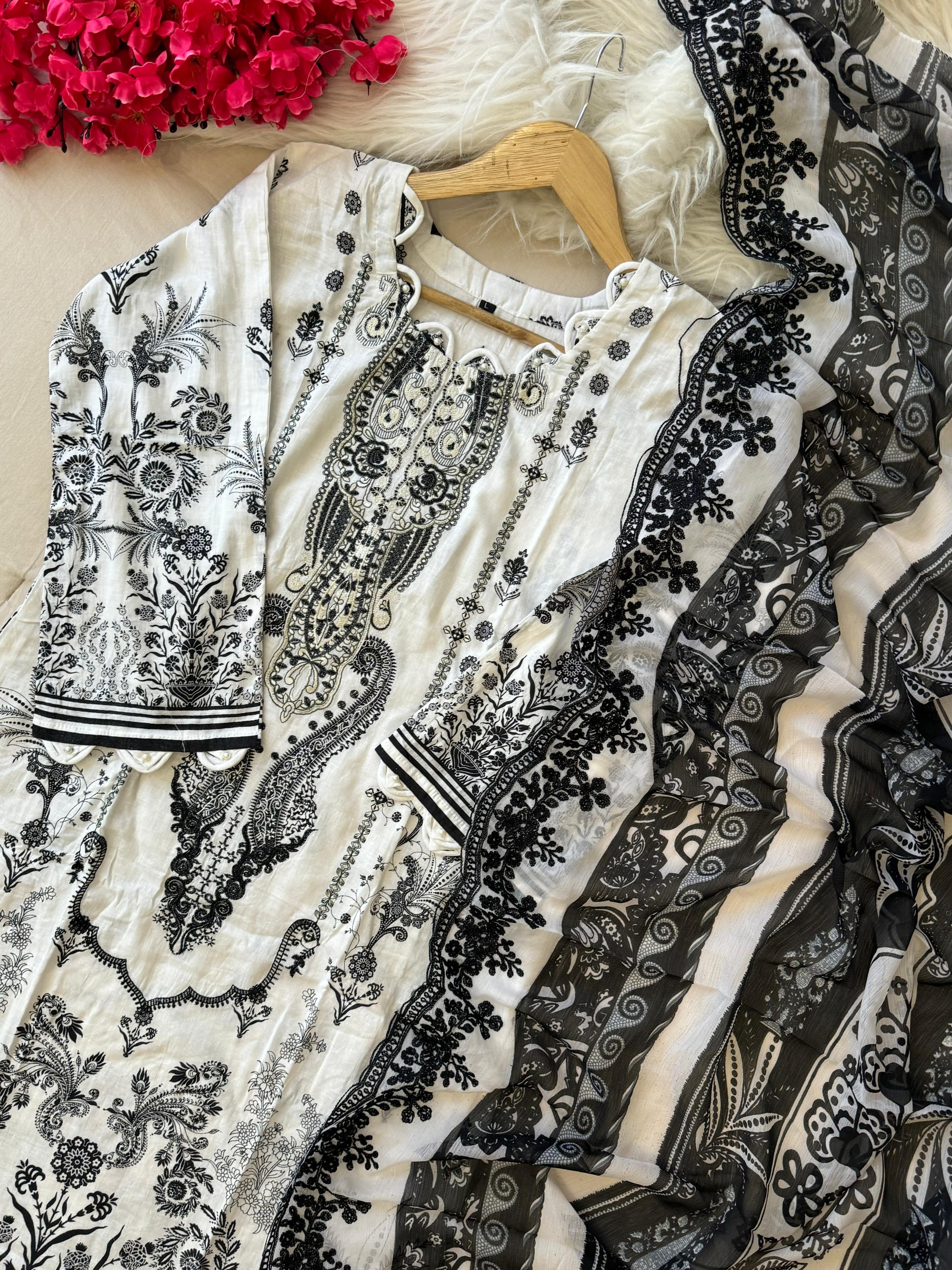 White Block Printed Pakistani Suit