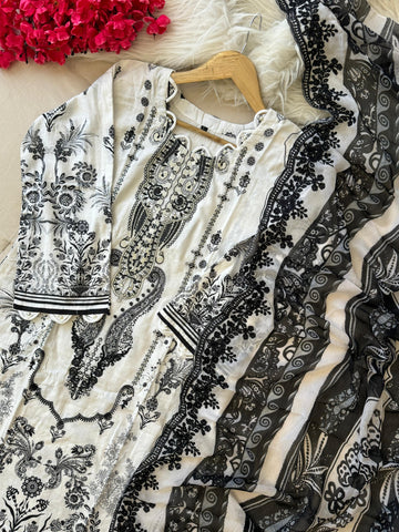 White Block Printed Pakistani Suit