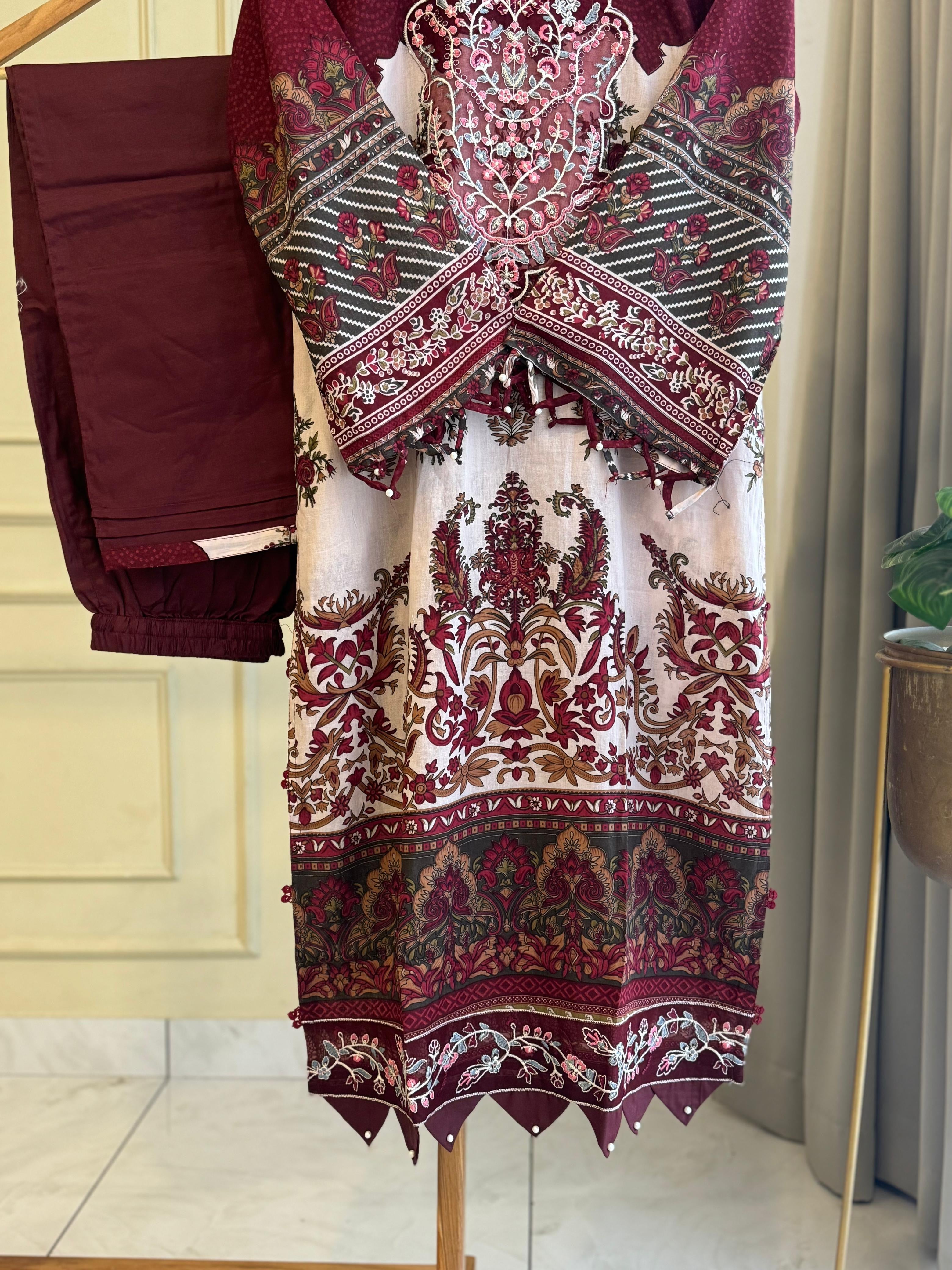 Maroon Cotton Embroidered Floral Suit-3