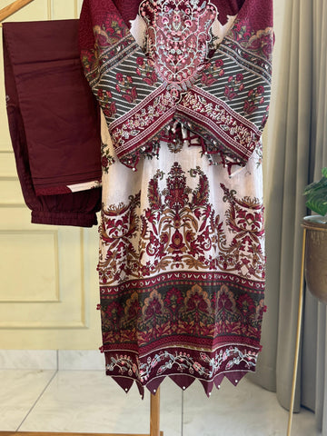 Maroon Cotton Embroidered Floral Suit-3