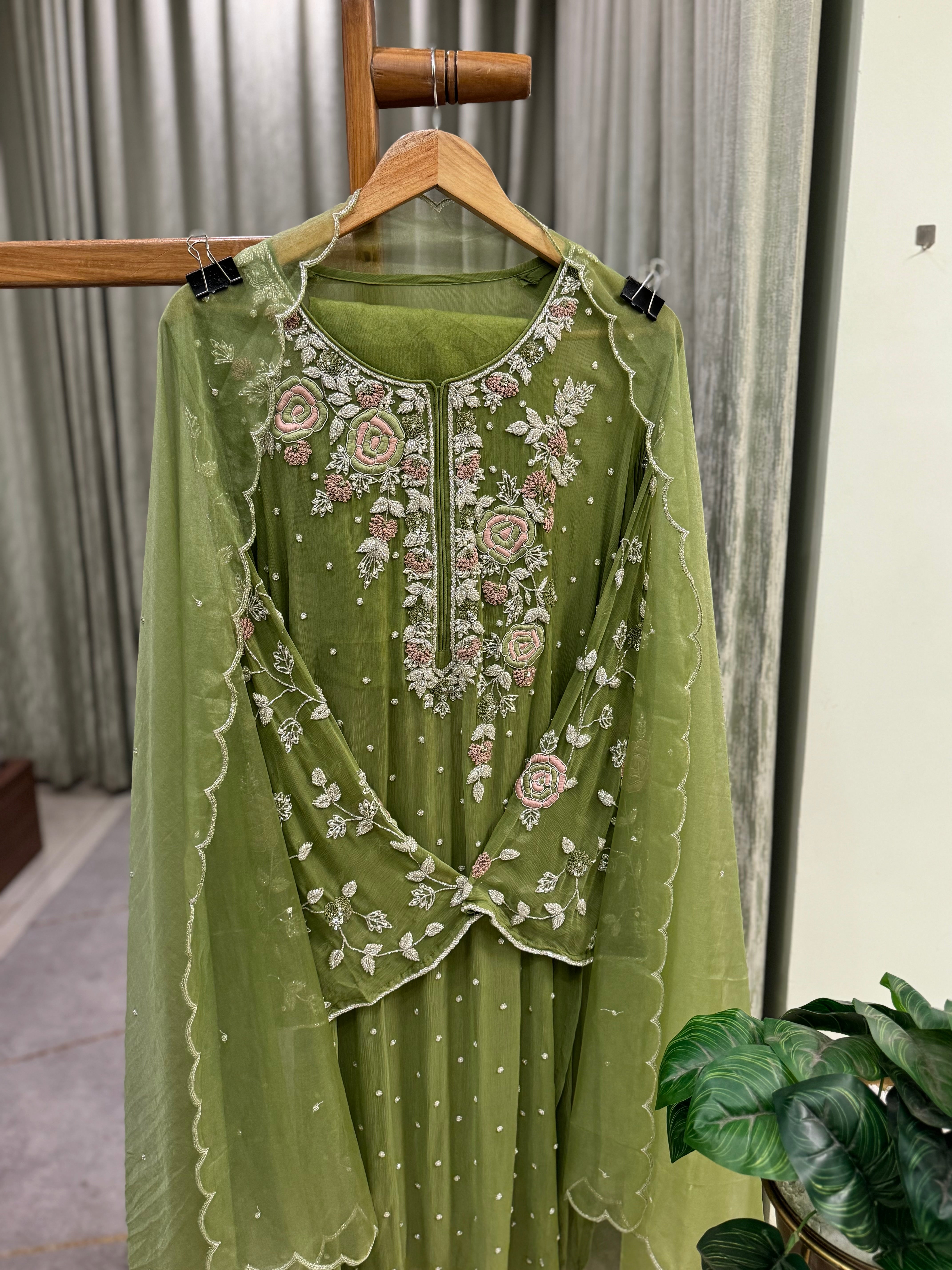 Premium Chiffon handwork suit with bottom and organza  hand  worked dupatta-1180