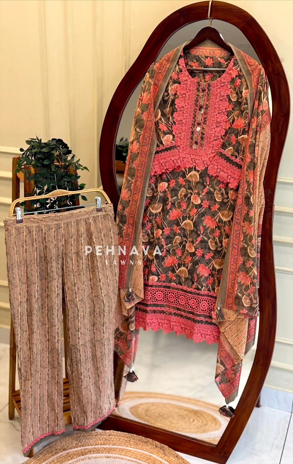 Lace Trimmed Printed Suit Set 253 - Pehnava Lawns
