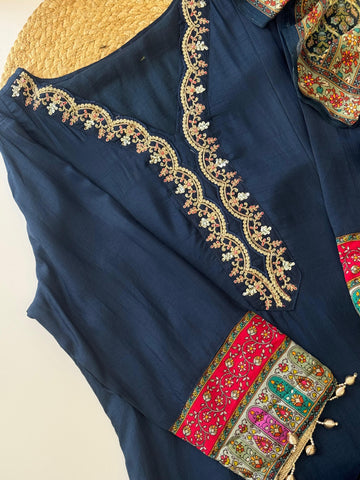 Premium Navy Blue Kurti Set with Embroidery