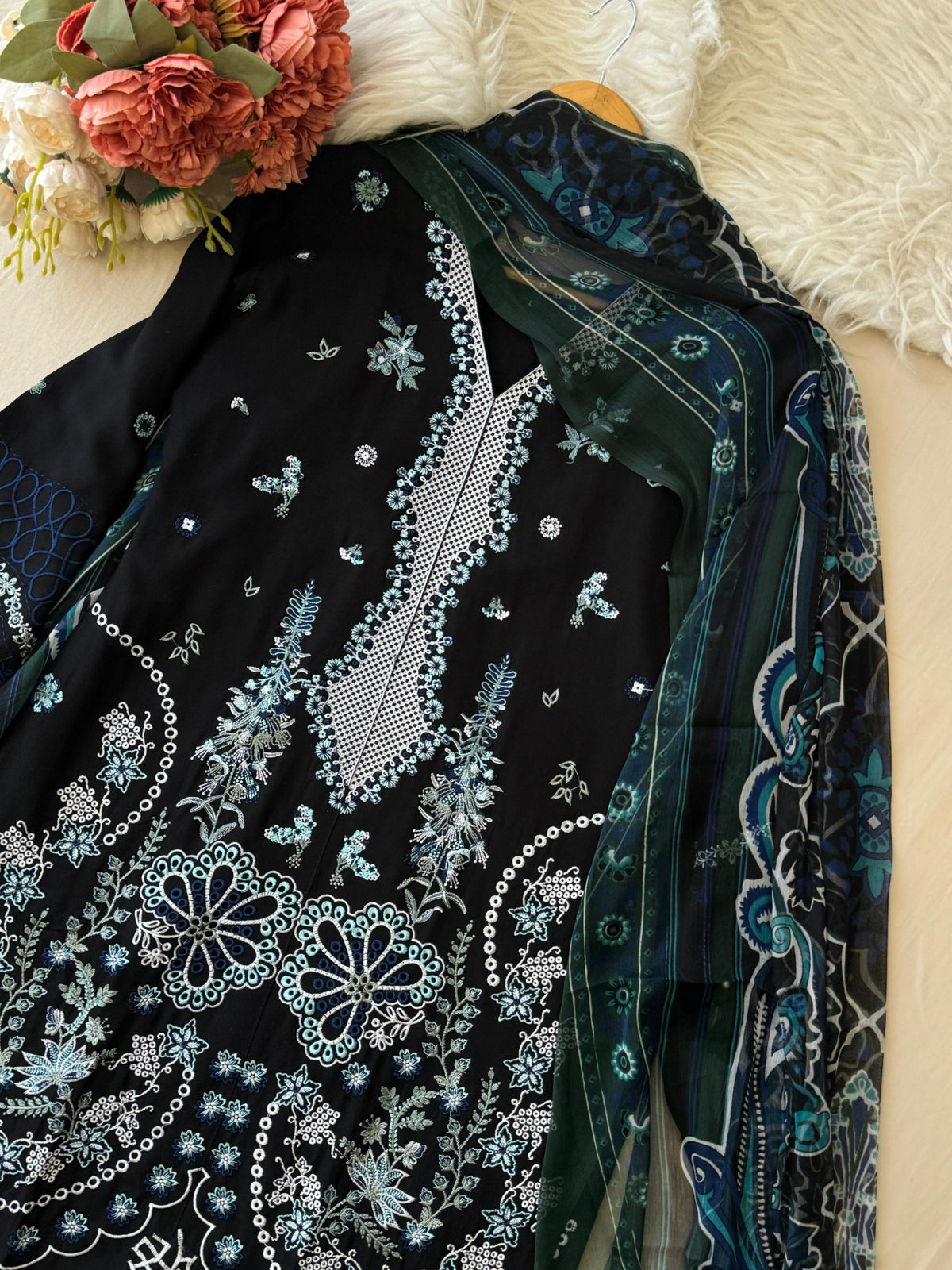 Black Ready to Wear Embroidered Rayon Suit - Pehnava Lawns
