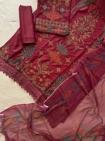 Embroidered cotton suit with chiffon dupatta - 0155/1151