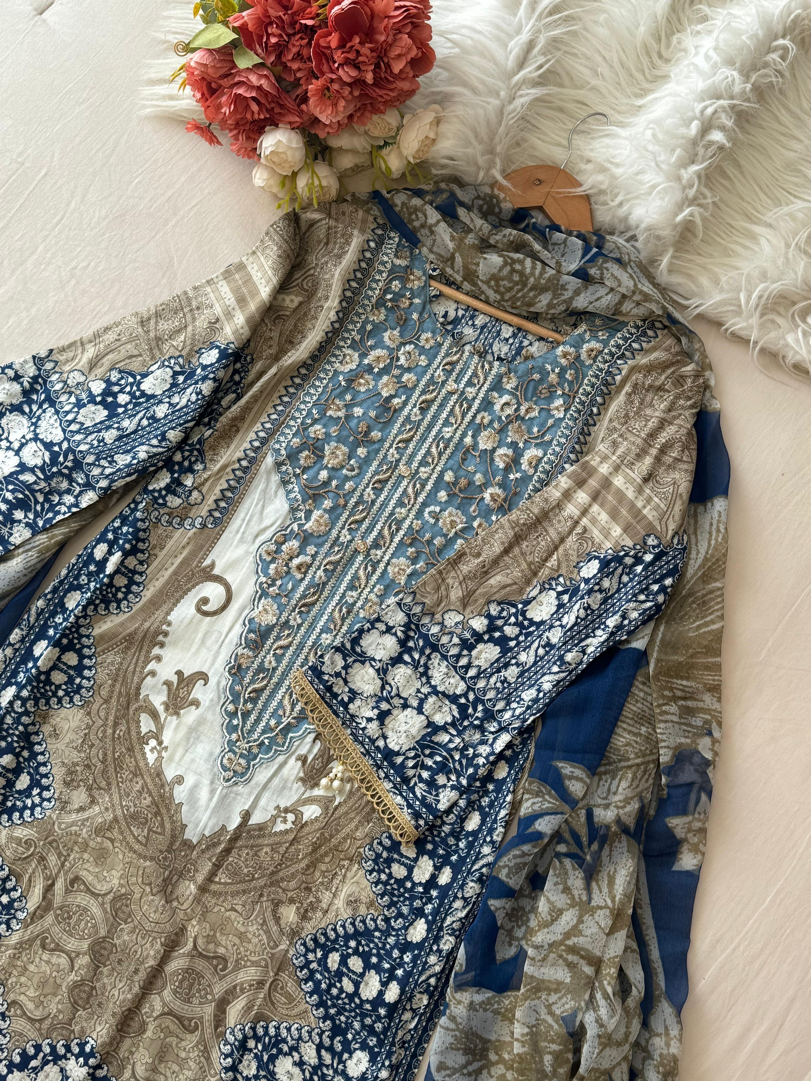 Blue&White Printed Pakistani Cotton Suit-1362