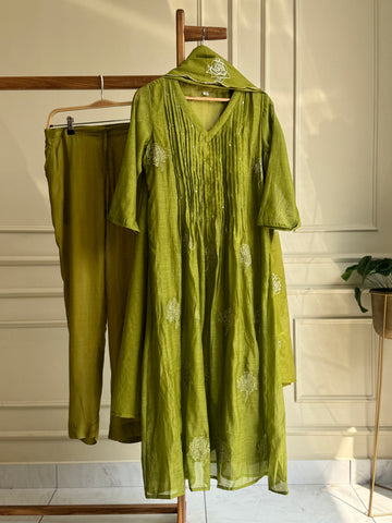 Premium mul silk pleated embroidered suit -color options 4468