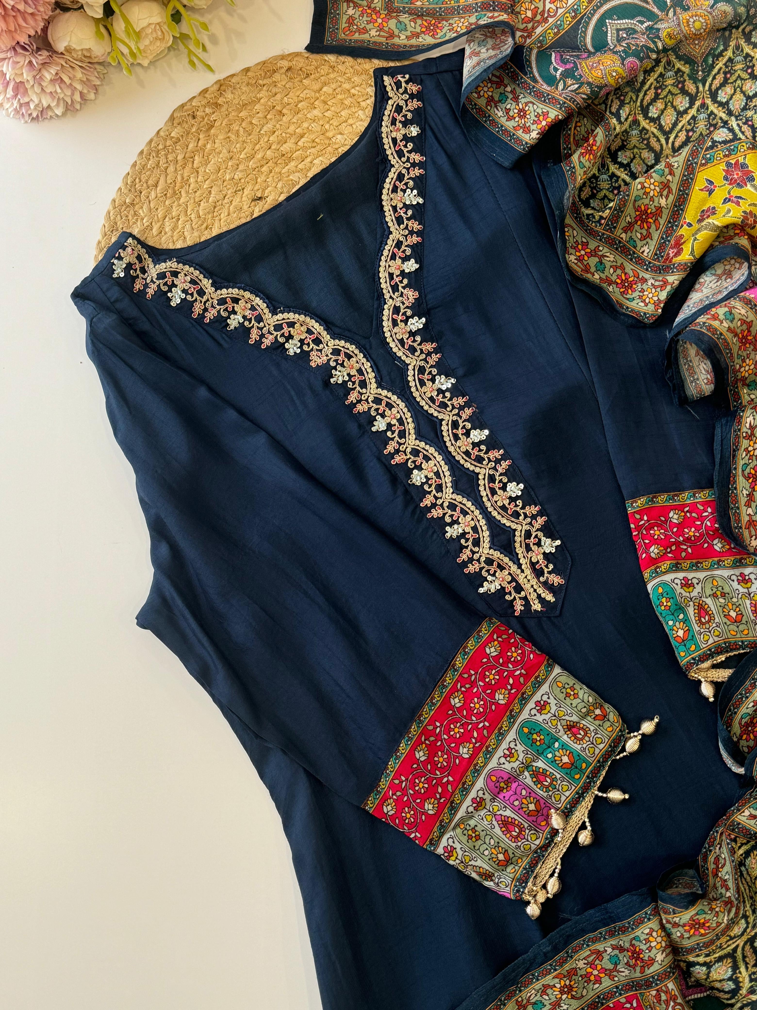 Premium Navy Blue Kurti Set with Embroidery