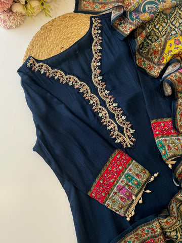 Premium Navy Blue Kurti Set with Embroidery