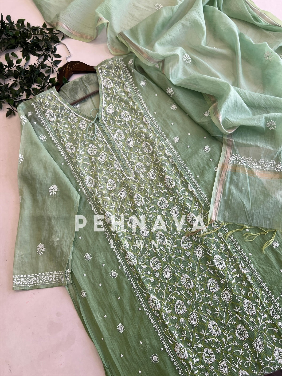 Chanderi chikankari suit - Pehnava Lawns