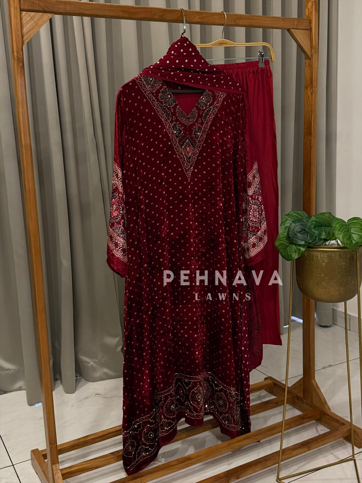 Velvet Printed Three Piece Ensemble-3298