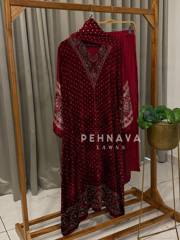 Velvet Printed Three Piece Ensemble-3298