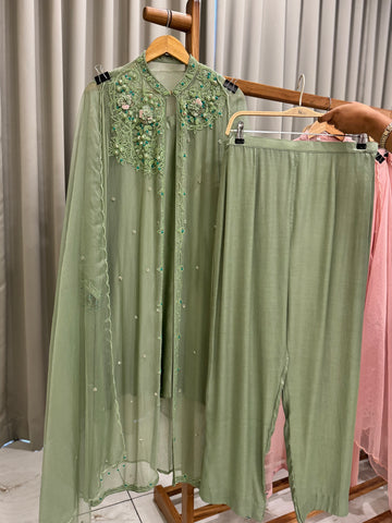 Premium Chiffon handworked jacket  with scalloped organza dupatta