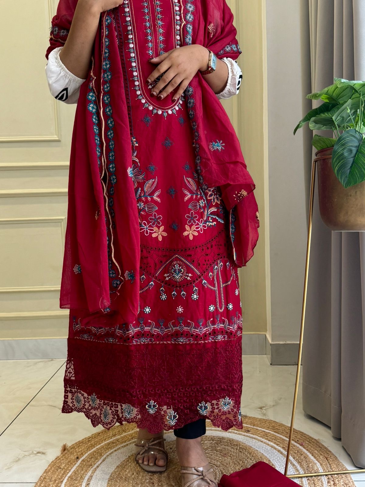 Red Semistitched Cotton Fully Embroidered Suit