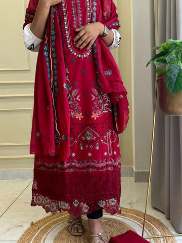 Red Semistitched Cotton Fully Embroidered Suit